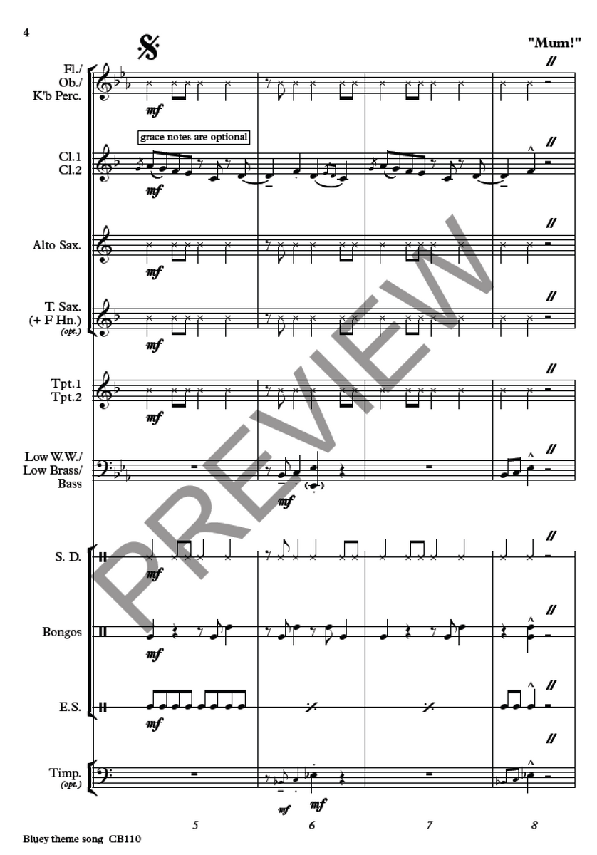 Bluey theme song for Concert Band pdf print music score and parts