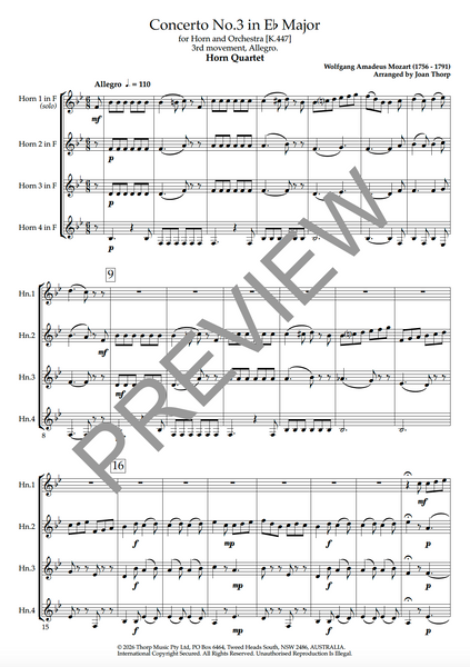 Horn Quartet - Mozart's Horn Concerto No.3, 3rd movement, Allegro. - PDF